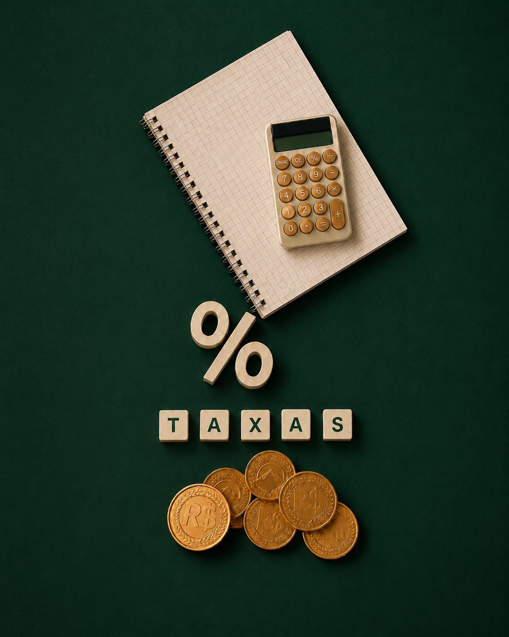 Calculadora, símbolo de porcentagem e moedas representando as taxas de crédito